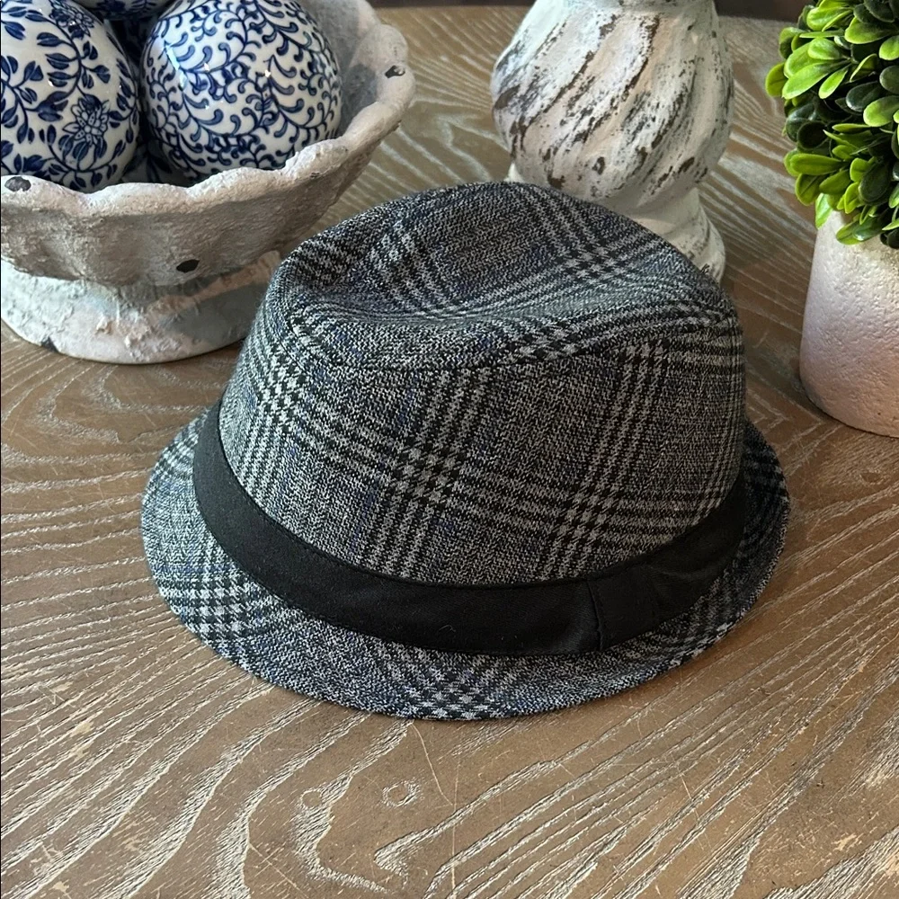 Boys Stylish Black Gray & Blue Plaid Fedora Hat 7/8